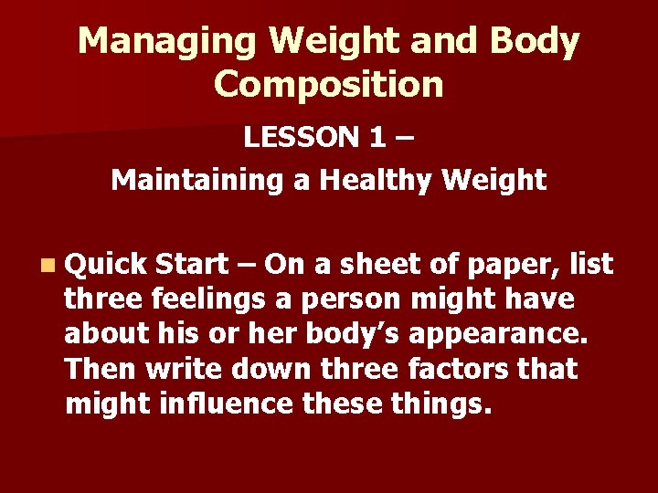 Chapter 6 Managing Weight And Body Composition Lesson