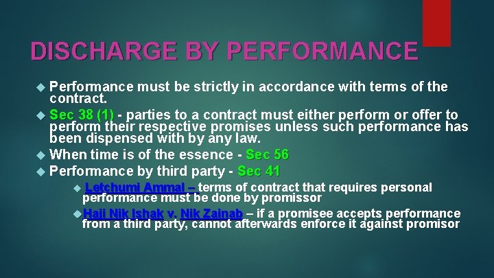 DISCHARGE BY PERFORMANCE Performance must be strictly in accordance with terms of the contract.