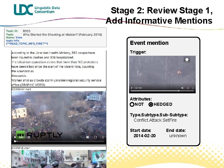 Stage 2: Review Stage 1, Add Informative Mentions Event mention Trigger: Attributes: NOT HEDGED