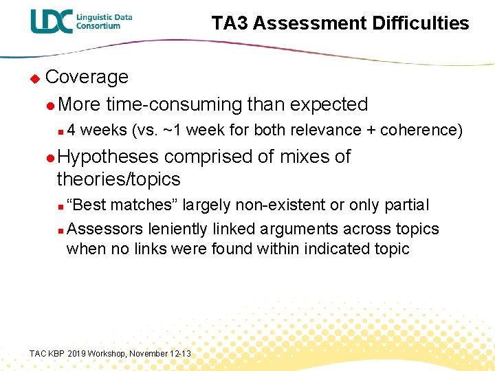 TA 3 Assessment Difficulties u Coverage l More time-consuming than expected n 4 weeks