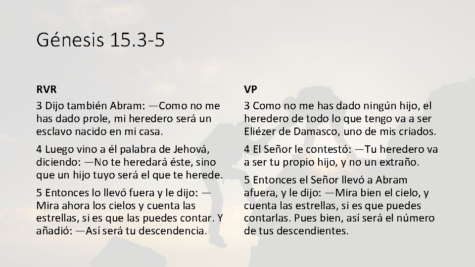 Génesis 15. 3 -5 RVR 3 Dijo también Abram: —Como no me has dado