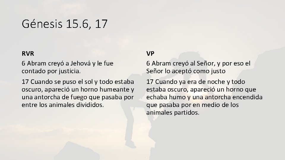 Génesis 15. 6, 17 RVR 6 Abram creyó a Jehová y le fue contado
