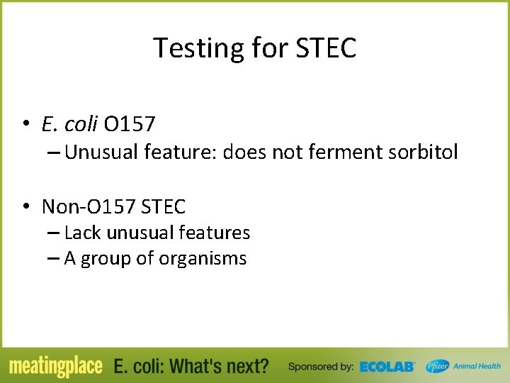 Testing for STEC • E. coli O 157 – Unusual feature: does not ferment