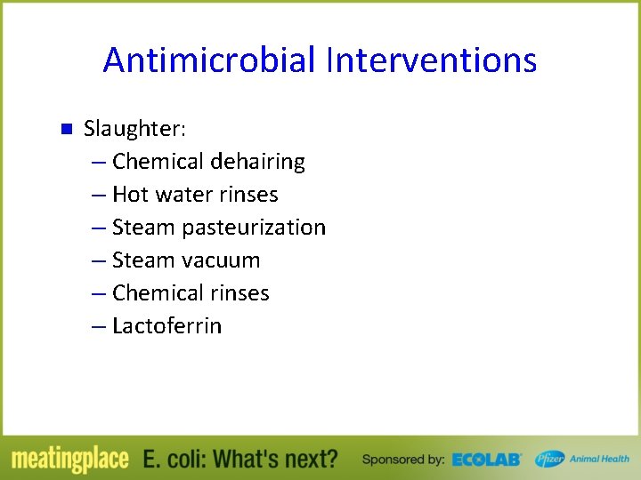 Antimicrobial Interventions n Slaughter: – Chemical dehairing – Hot water rinses – Steam pasteurization