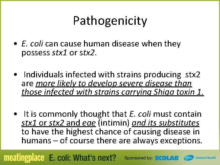 Pathogenicity • E. coli can cause human disease when they possess stx 1 or