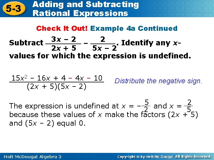 5 -3 Adding and Subtracting Rational Expressions Check It Out! Example 4 a Continued