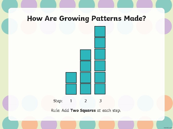 How Are Growing Patterns Made? Step: 1 2 3 Rule: Add Two Squares at