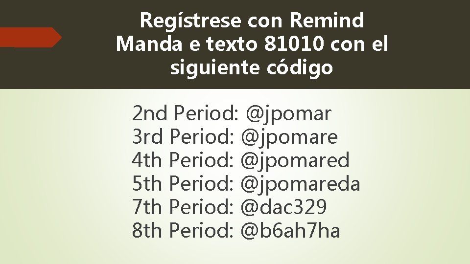 Regístrese con Remind Manda e texto 81010 con el siguiente código 2 nd Period: