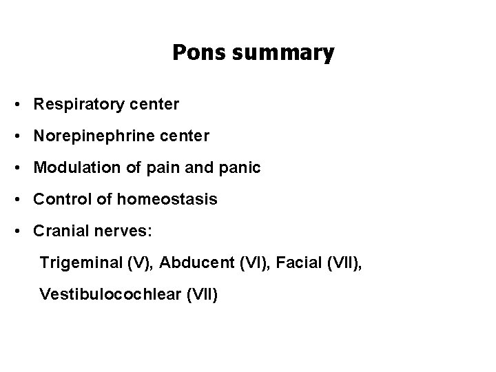 Pons summary • Respiratory center • Norepinephrine center • Modulation of pain and panic