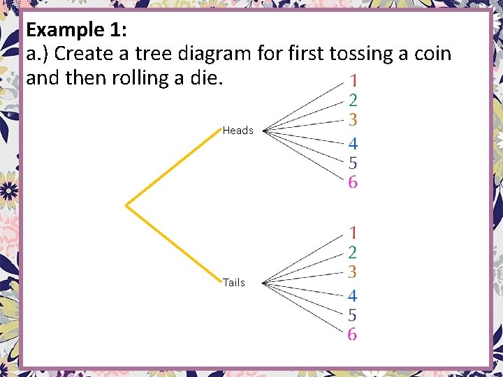 Example 1: a. ) Create a tree diagram for first tossing a coin and Example 1: a. ) Create a tree diagram for first tossing a coin and