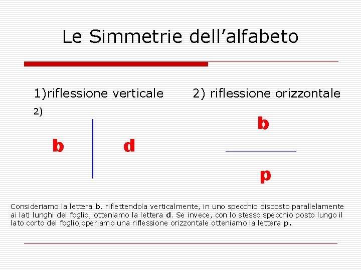 Le Simmetrie dell’alfabeto 1)riflessione verticale 2) riflessione orizzontale 2) Consideriamo la lettera b. riflettendola