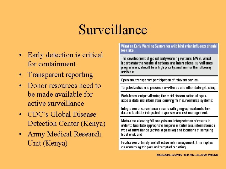 Surveillance • Early detection is critical for containment • Transparent reporting • Donor resources