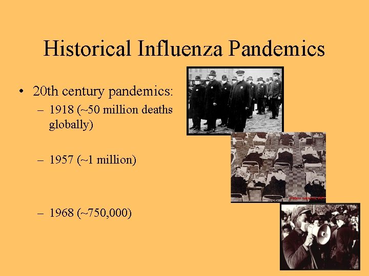 Historical Influenza Pandemics • 20 th century pandemics: – 1918 (~50 million deaths globally)