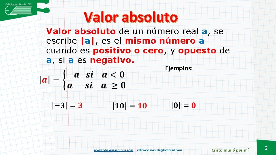 Valor absoluto de un número real a, se escribe |a|, es el mismo número