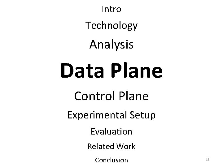 Intro Technology Analysis Data Plane Control Plane Experimental Setup Evaluation Related Work Conclusion 11 Intro Technology Analysis Data Plane Control Plane Experimental Setup Evaluation Related Work Conclusion 11