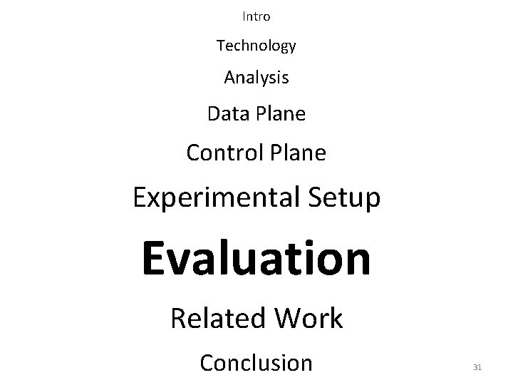 Intro Technology Analysis Data Plane Control Plane Experimental Setup Evaluation Related Work Conclusion 31 Intro Technology Analysis Data Plane Control Plane Experimental Setup Evaluation Related Work Conclusion 31