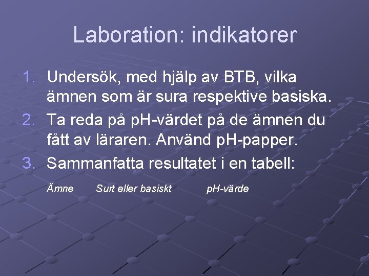 Laboration: indikatorer 1. Undersök, med hjälp av BTB, vilka ämnen som är sura respektive