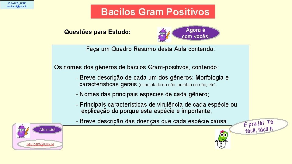 EJV-ICB_USP bevicent@usp. br Bacilos Gram Positivos Questões para Estudo: Agora é com vocês! Faça