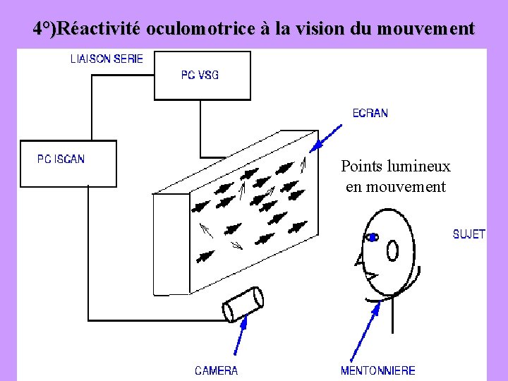 4°)Réactivité oculomotrice à la vision du mouvement Points lumineux en mouvement 