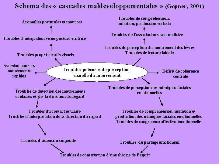 Schéma des « cascades maldéveloppementales » (Gepner, 2001) Anomalies posturales et motrices Troubles d’intégration