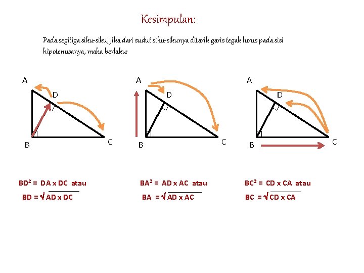 Kesimpulan: Pada segitiga siku-siku, jika dari sudut siku-sikunya ditarik garis tegak lurus pada sisi