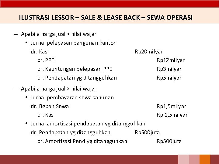 ILUSTRASI LESSOR – SALE & LEASE BACK – SEWA OPERASI – Apabila harga jual