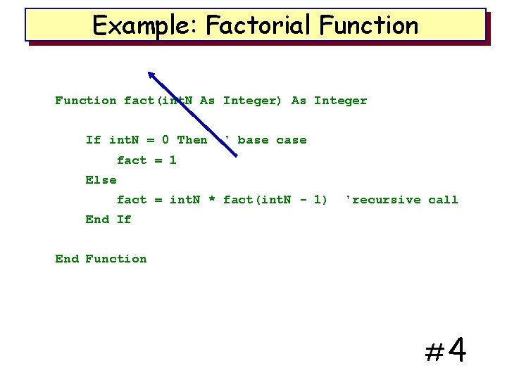 Example: Factorial Function fact(int. N As Integer) As Integer If int. N = 0