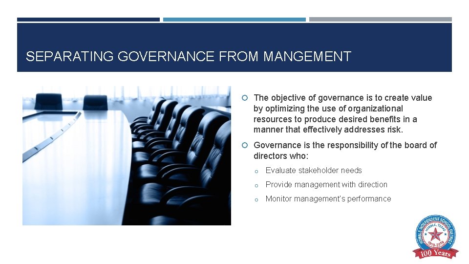 SEPARATING GOVERNANCE FROM MANGEMENT The objective of governance is to create value by optimizing