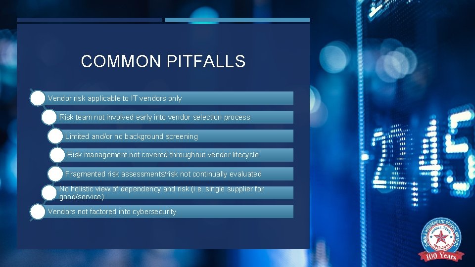COMMON PITFALLS Vendor risk applicable to IT vendors only Risk team not involved early