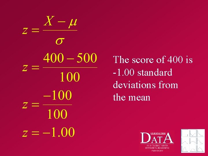 The score of 400 is -1. 00 standard deviations from the mean 