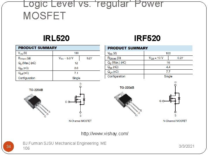 Logic Level vs. ‘regular’ Power MOSFET IRL 520 IRF 520 http: //www. vishay. com/