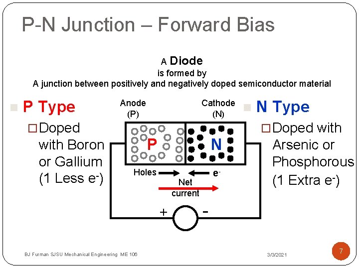 P-N Junction – Forward Bias A Diode is formed by A junction between positively