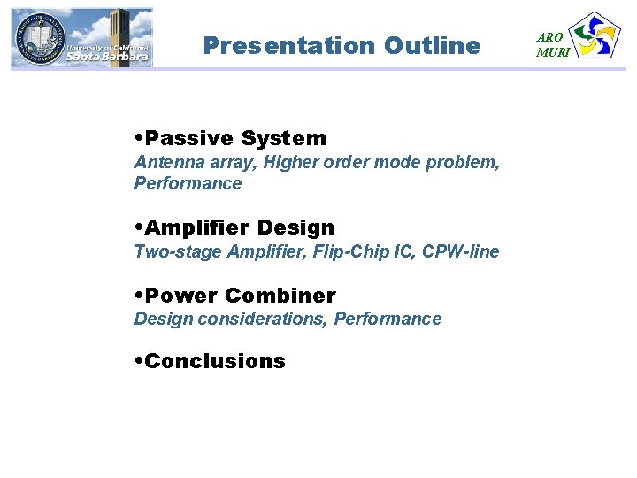 Presentation Outline • Passive System Antenna array, Higher order mode problem, Performance • Amplifier