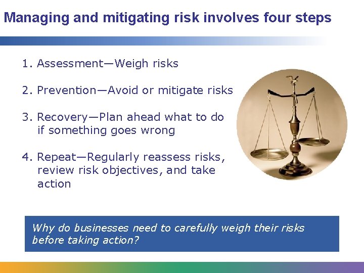 Managing and mitigating risk involves four steps 1. Assessment—Weigh risks 2. Prevention—Avoid or mitigate
