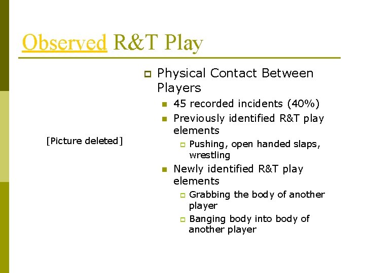 Observed R&T Play p Physical Contact Between Players n n [Picture deleted] 45 recorded