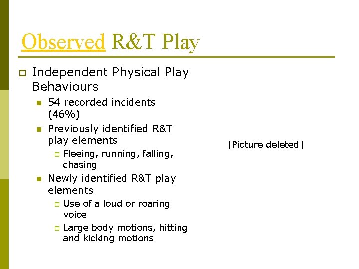Observed R&T Play p Independent Physical Play Behaviours n n 54 recorded incidents (46%)