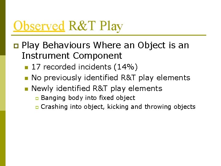 Observed R&T Play p Play Behaviours Where an Object is an Instrument Component n