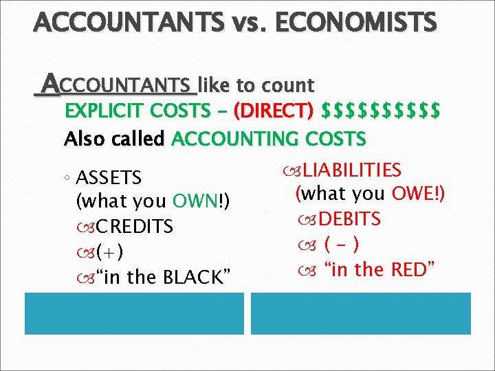 ACCOUNTANTS vs. ECONOMISTS ACCOUNTANTS like to count EXPLICIT COSTS – (DIRECT) $$$$$ Also called