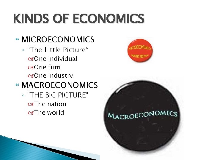 KINDS OF ECONOMICS MICROECONOMICS ◦ “The Little Picture” One individual One firm One industry