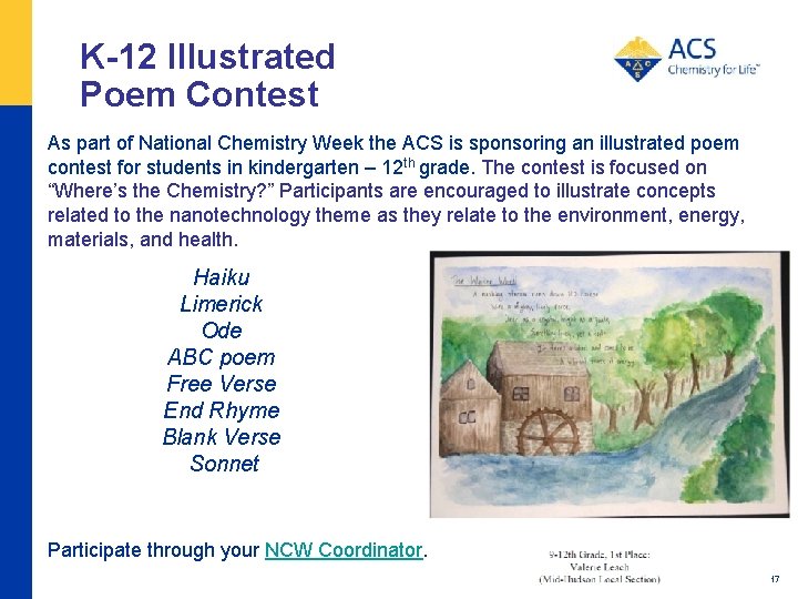 K-12 Illustrated Poem Contest As part of National Chemistry Week the ACS is sponsoring