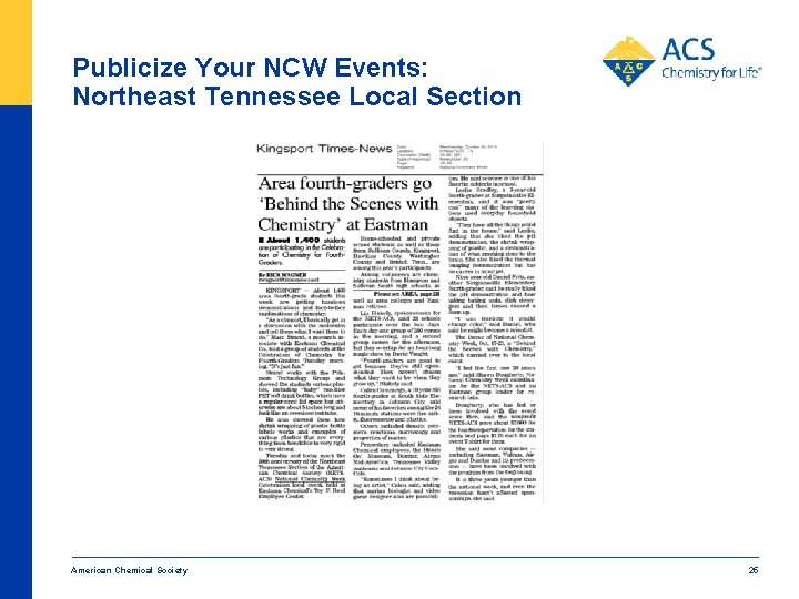 Publicize Your NCW Events: Northeast Tennessee Local Section American Chemical Society 25 