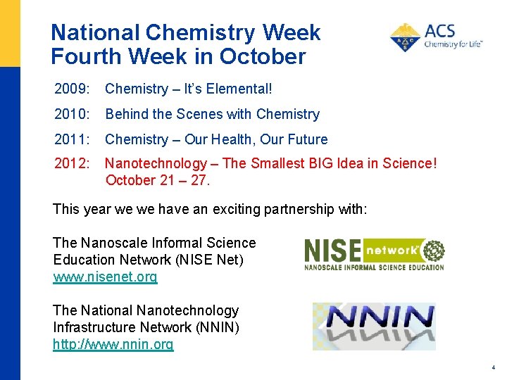 National Chemistry Week Fourth Week in October 2009: Chemistry – It’s Elemental! 2010: Behind