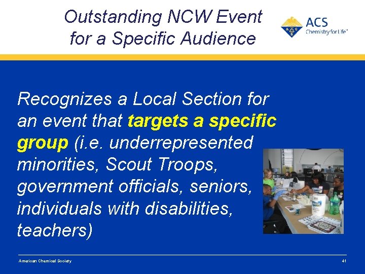 Outstanding NCW Event for a Specific Audience Recognizes a Local Section for an event