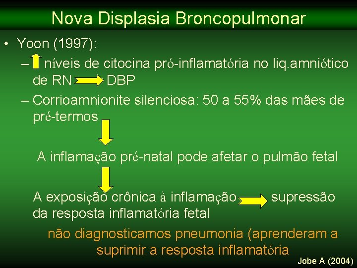 Nova Displasia Broncopulmonar • Yoon (1997): – níveis de citocina pró-inflamatória no liq. amniótico