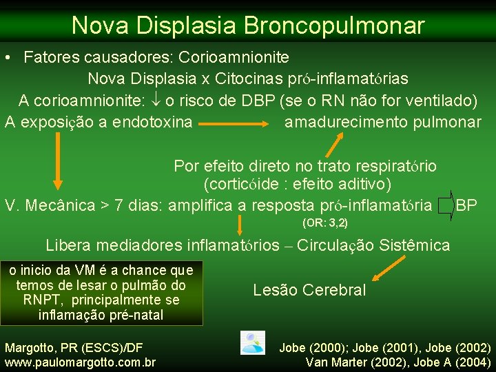 Nova Displasia Broncopulmonar • Fatores causadores: Corioamnionite Nova Displasia x Citocinas pró-inflamatórias A corioamnionite: