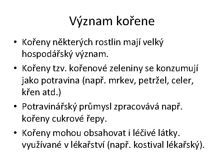 Význam kořene • Kořeny některých rostlin mají velký hospodářský význam. • Kořeny tzv. kořenové