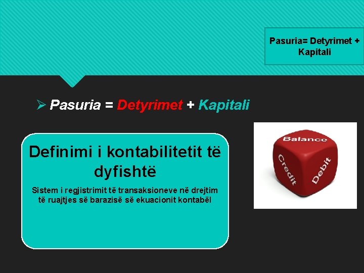 Pasuria= Detyrimet + Kapitali Ø Pasuria = Detyrimet + Kapitali Definimi i kontabilitetit të Pasuria= Detyrimet + Kapitali Ø Pasuria = Detyrimet + Kapitali Definimi i kontabilitetit të