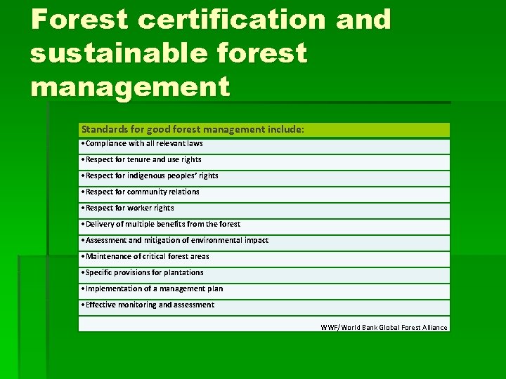 Forest certification and sustainable forest management Standards for good forest management include: Compliance with