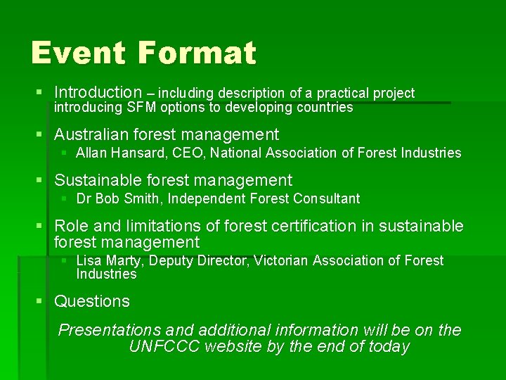 Event Format § Introduction – including description of a practical project introducing SFM options