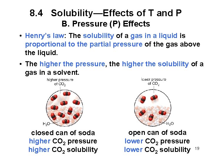 8. 4 Solubility—Effects of T and P B. Pressure (P) Effects • Henry’s law: